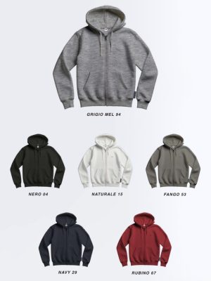 Felpa Full zip con cappuccio e marsupio in cotone 100% garzato French Terry